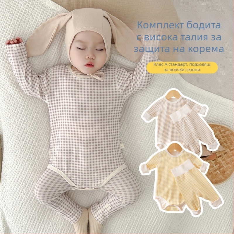 Памучен бебешки комплект за спане, дълъг ръкав, унисекс, новородено 0–12 месеца, есенно‑зимен сезон, памук‑еластан, скрито копче закопчаване