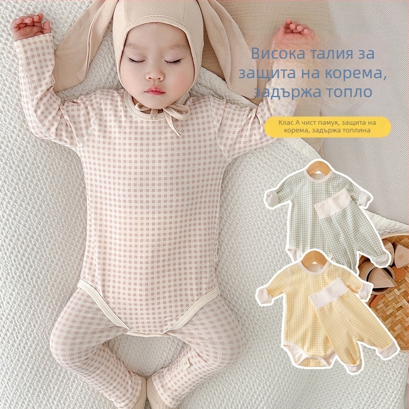 Памучен бебешки комплект за спане, дълъг ръкав, унисекс, новородено 0–12 месеца, есенно‑зимен сезон, памук‑еластан, скрито копче закопчаване