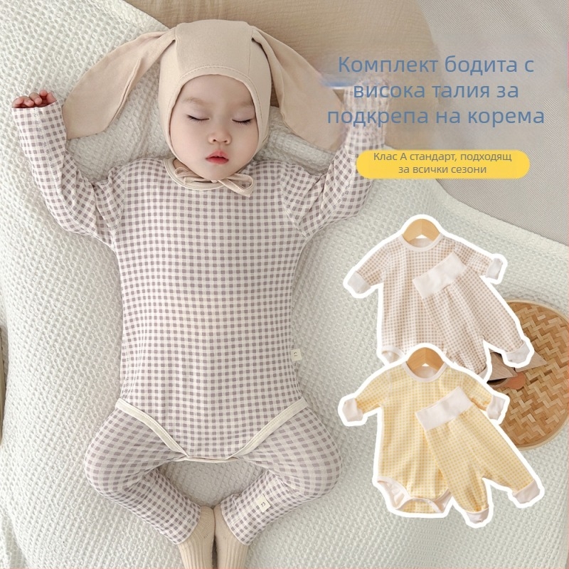 Памучен бебешки комплект за спане, дълъг ръкав, унисекс, новородено 0–12 месеца, есенно‑зимен сезон, памук‑еластан, скрито копче закопчаване