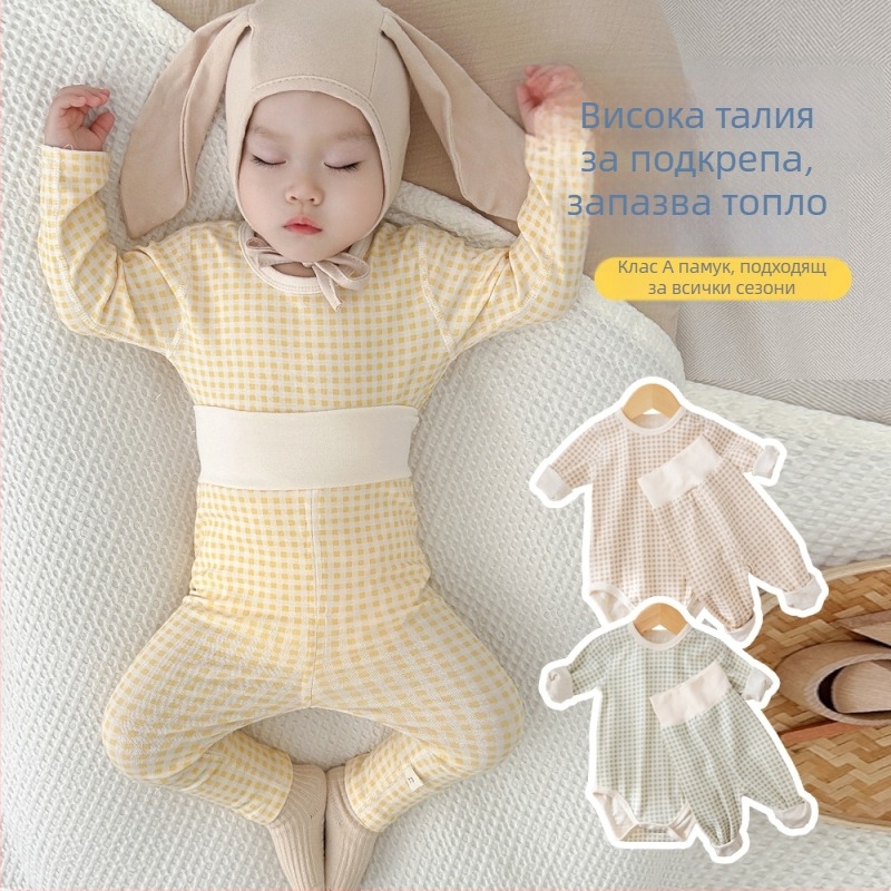 Памучен бебешки комплект за спане, дълъг ръкав, унисекс, новородено 0–12 месеца, есенно‑зимен сезон, памук‑еластан, скрито копче закопчаване