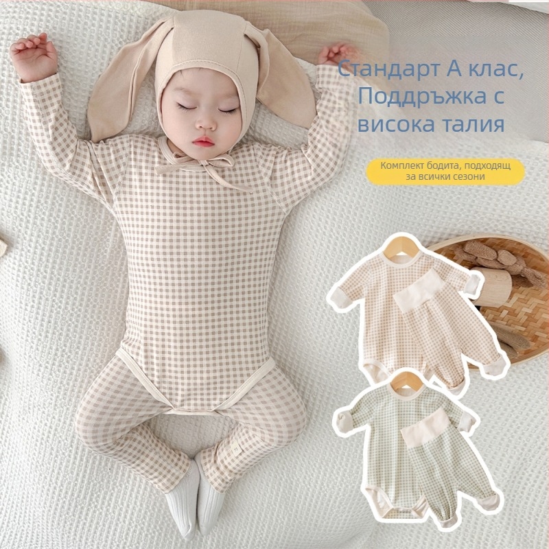 Памучен бебешки комплект за спане, дълъг ръкав, унисекс, новородено 0–12 месеца, есенно‑зимен сезон, памук‑еластан, скрито копче закопчаване