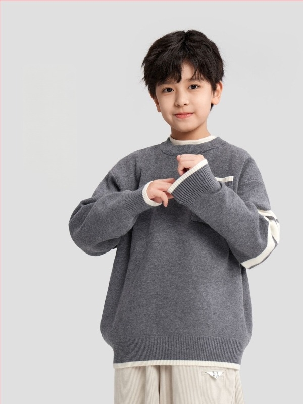 Детски пуловер с райета, дълъг ръкав, кръгло деколте, полиестер 77%, корейски стил