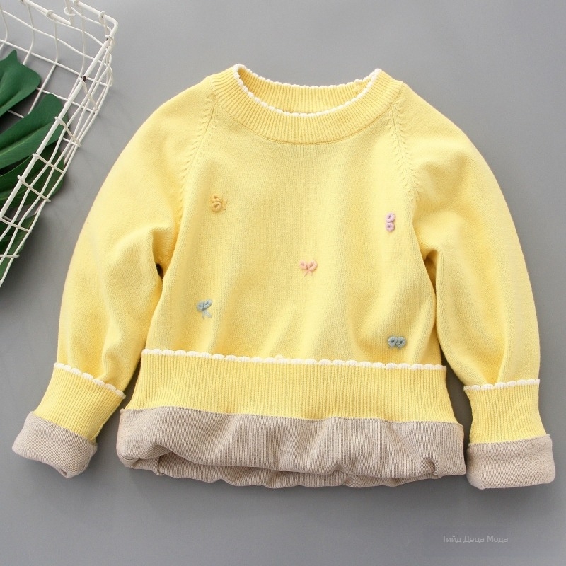 Детски плетен пуловер, едноцветен, с кръгло деколте, дълги ръкави, козина от заек, пролет 2025 г.