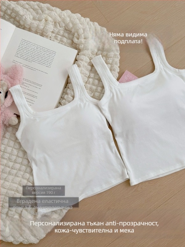 Памучна жилетка с квадратно деколте и широки презрамки, безшевна едночастна кройка, 100% памук, дебелина 141–160 г/м², подходяща за всички сезони