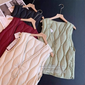 Дамска пухена жилетка с патешки пух 81–85%, полиестерна тъкан, V-образна яка, еднобортно закопчаване