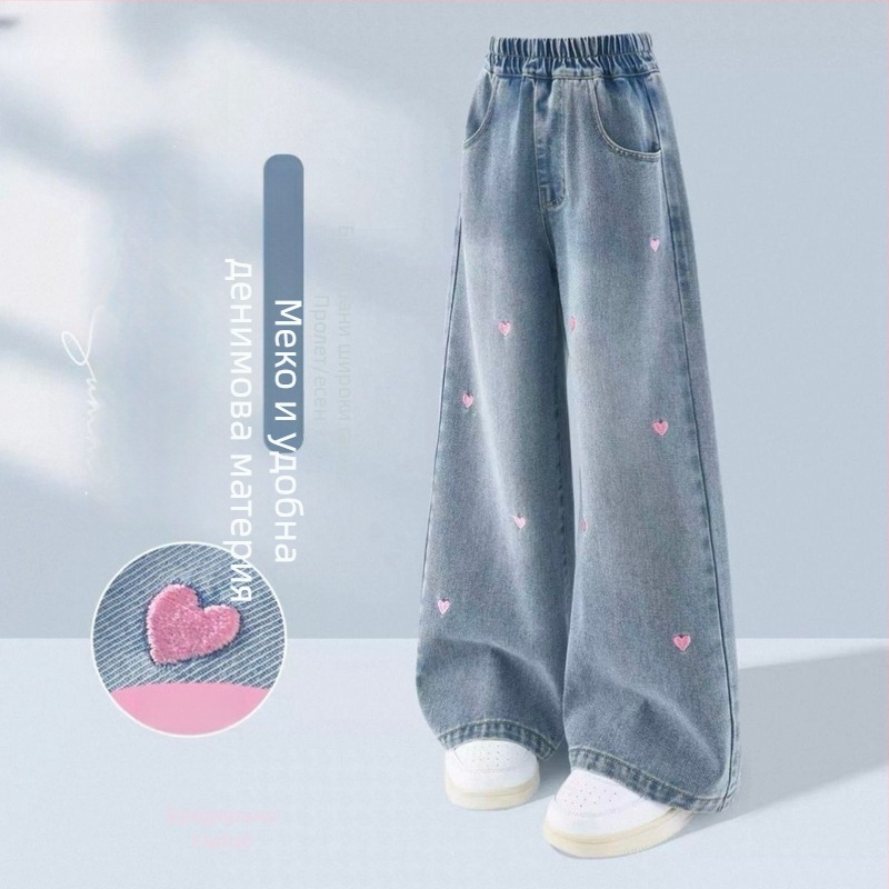 Дънкови панталони за момичета с широки крачоли, подплатени с полар, еластична талия, удебелена материя, за деца на възраст 1-3 години