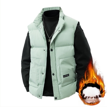 Мъжка жилетка с пълнеж от полиестер и подплата от полиестер, без ръкави, яка стойка, свободен силует, странични джобове, подходяща за ежедневна употреба през есенно-зимния сезон