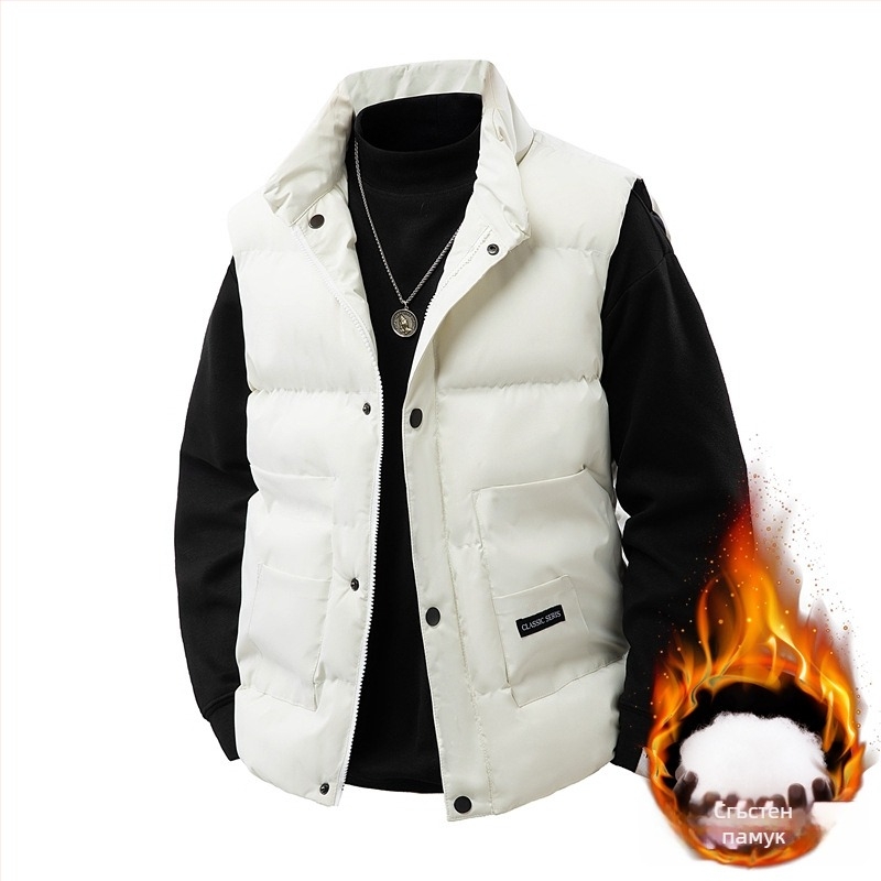 Мъжка жилетка с пълнеж от полиестер и подплата от полиестер, без ръкави, яка стойка, свободен силует, странични джобове, подходяща за ежедневна употреба през есенно-зимния сезон