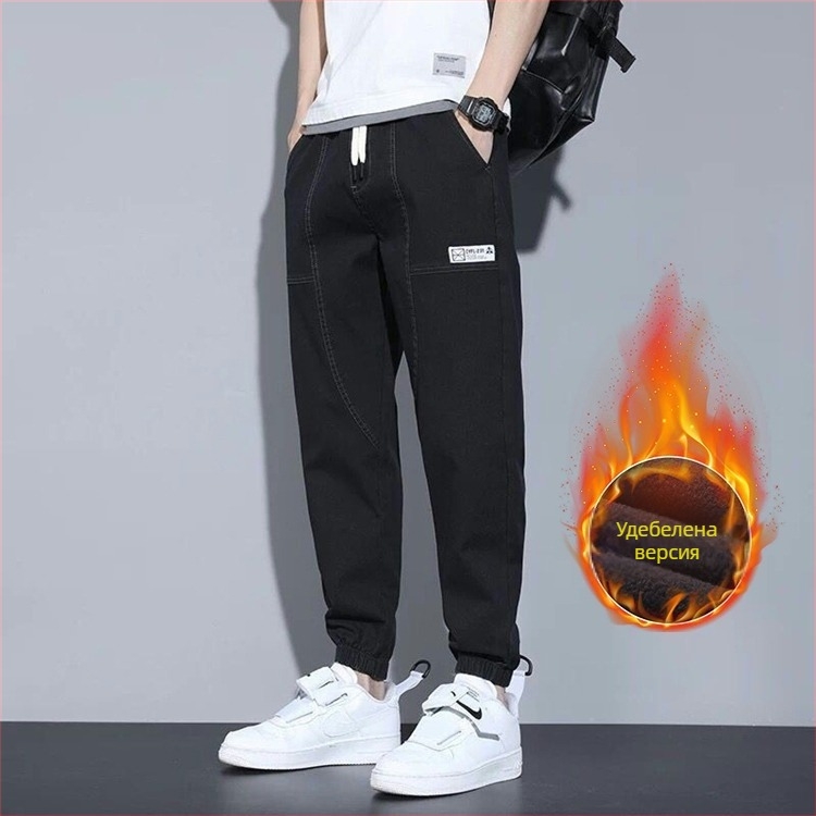 Мъжки дънки, корейски стил, свободна кройка, средна талия, закопчаване с връзка, памучен деним, детайл с етикет