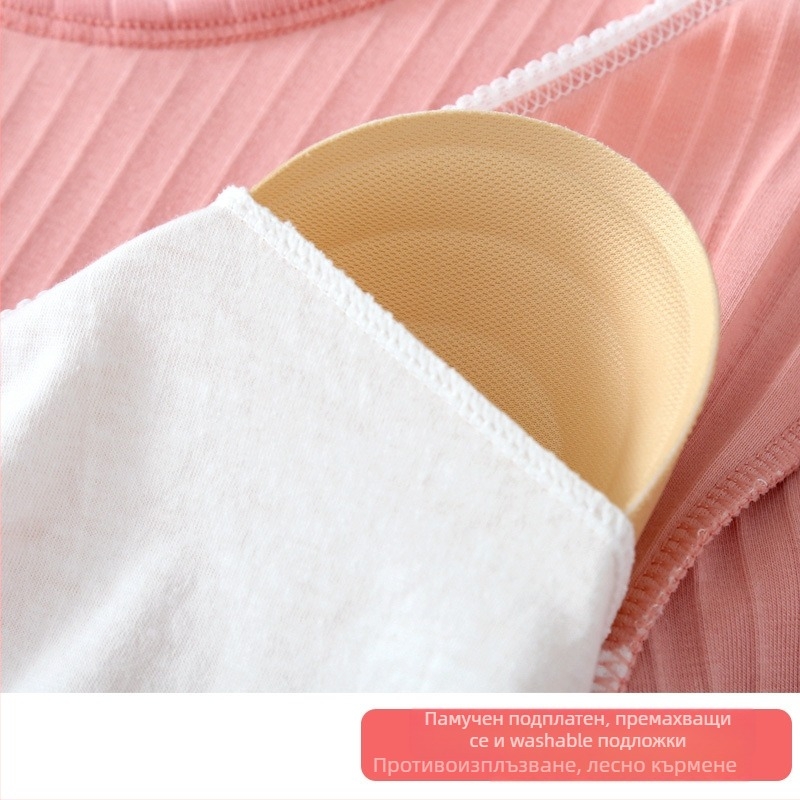 Пижамен комплект за майчинство и кърмене — дълъг ръкав горна част + панталони, 100% памук, кръгло деколте, достъп за кърмене, подходящ за зима, пролет и есен