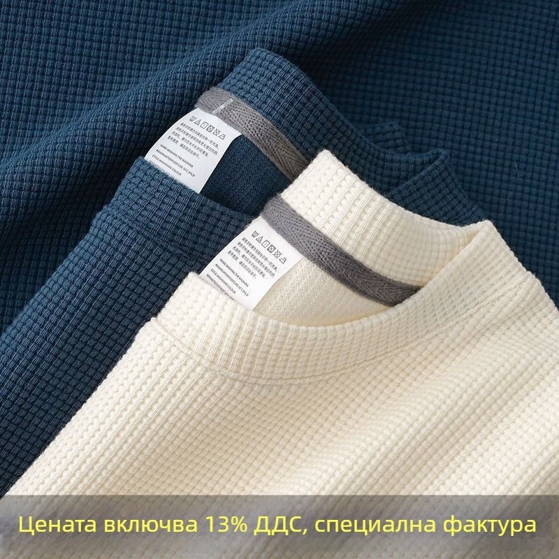 Мъжка тениска с вафлена текстура, кръгло деколте, къс ръкав, свободна кройка, 96% полиестерна смес и повече, лято 2025