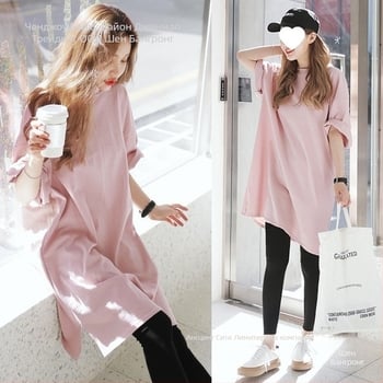 Тениска с средна дължина, 100% памук, свободна кройка, къс ръкав, кръгло деколте, бродерия