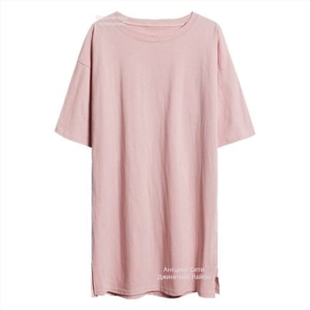 Тениска с средна дължина, 100% памук, свободна кройка, къс ръкав, кръгло деколте, бродерия