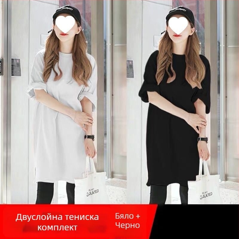 Тениска с средна дължина, 100% памук, свободна кройка, къс ръкав, кръгло деколте, бродерия