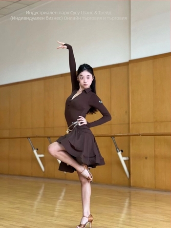 Топ за художествени изпити и тренировки за жени - дълъг ръкав и яка, латин танцов тренировъчен топ, пролет 2025, TR плат с PVC до 30%