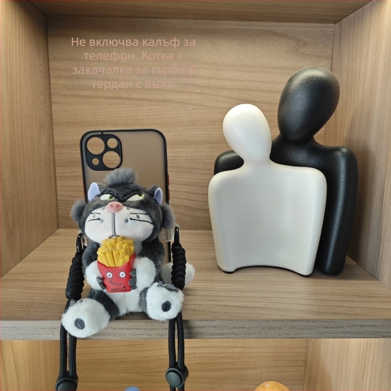 Телефонен кейс с плюшено ключодържател Люцифер котка, стил карикатура, ароматичен плюш, с връзка за окачване в кола