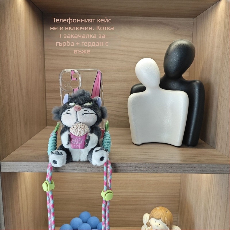 Телефонен кейс с плюшено ключодържател Люцифер котка, стил карикатура, ароматичен плюш, с връзка за окачване в кола