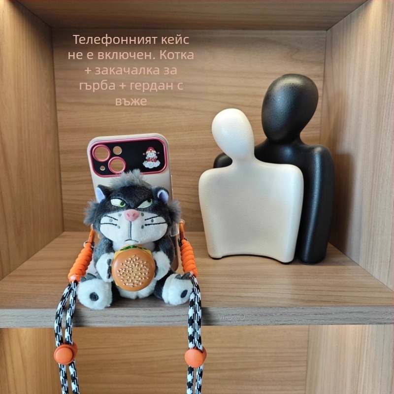 Телефонен кейс с плюшено ключодържател Люцифер котка, стил карикатура, ароматичен плюш, с връзка за окачване в кола
