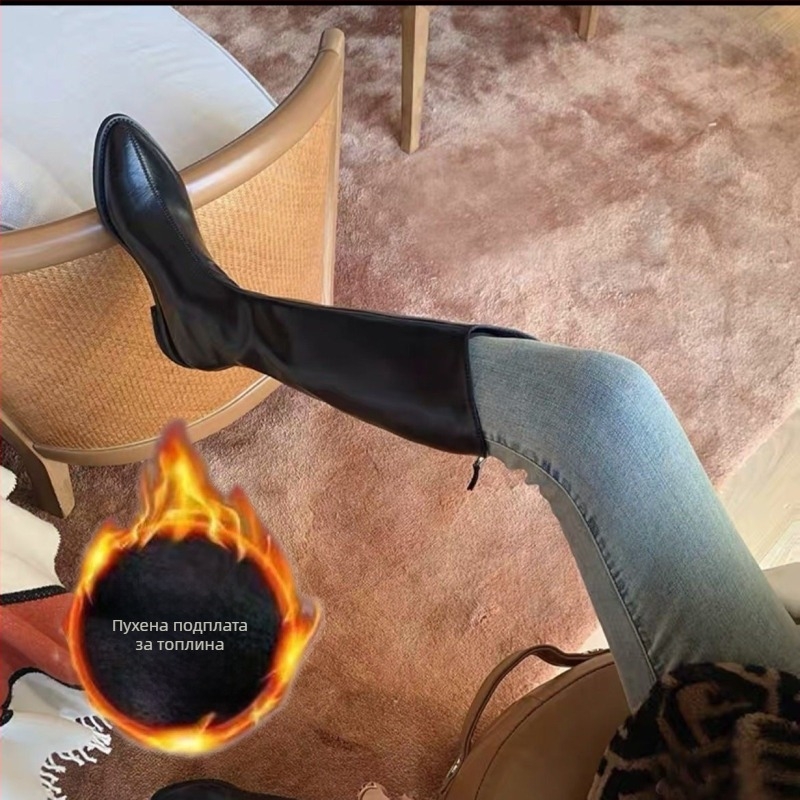 Ботуши с ресни от изкуствена кожа, висок маншон, заден цип, кръгла носка, плосък ток