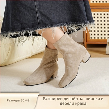 Love Milan Женски ботуши в корейски стил с дебел ток, квадратен връх, 3–5 см височина на тока, заден цип