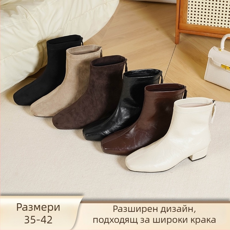 Love Milan Женски ботуши в корейски стил с дебел ток, квадратен връх, 3–5 см височина на тока, заден цип