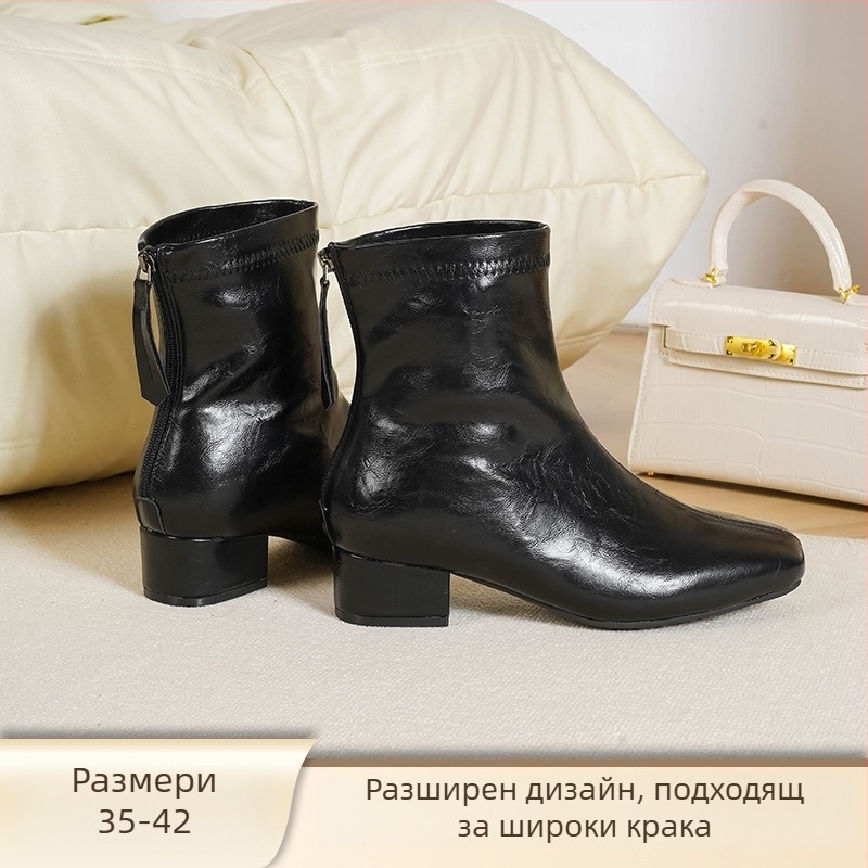 Love Milan Женски ботуши в корейски стил с дебел ток, квадратен връх, 3–5 см височина на тока, заден цип