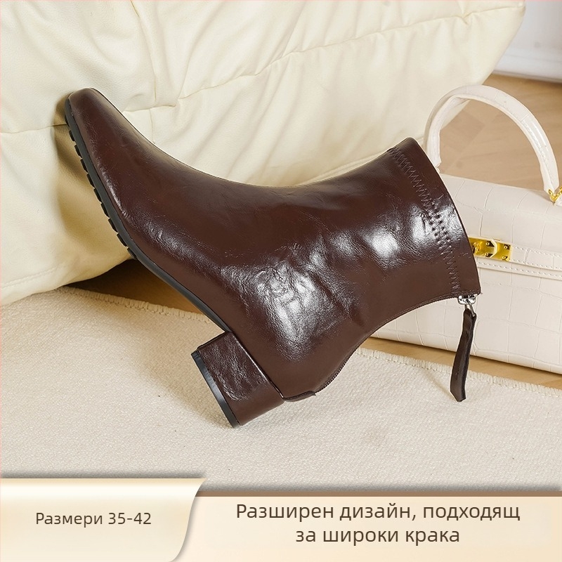 Love Milan Женски ботуши в корейски стил с дебел ток, квадратен връх, 3–5 см височина на тока, заден цип