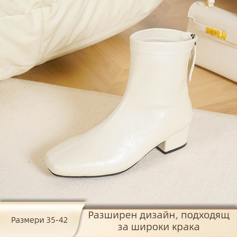 Love Milan Женски ботуши в корейски стил с дебел ток, квадратен връх, 3–5 см височина на тока, заден цип