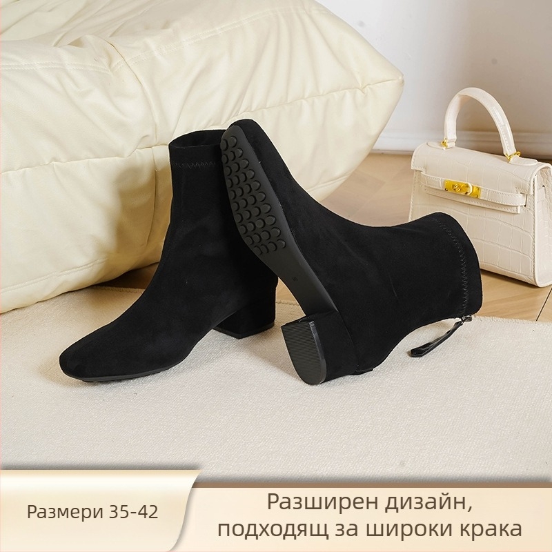 Love Milan Женски ботуши в корейски стил с дебел ток, квадратен връх, 3–5 см височина на тока, заден цип