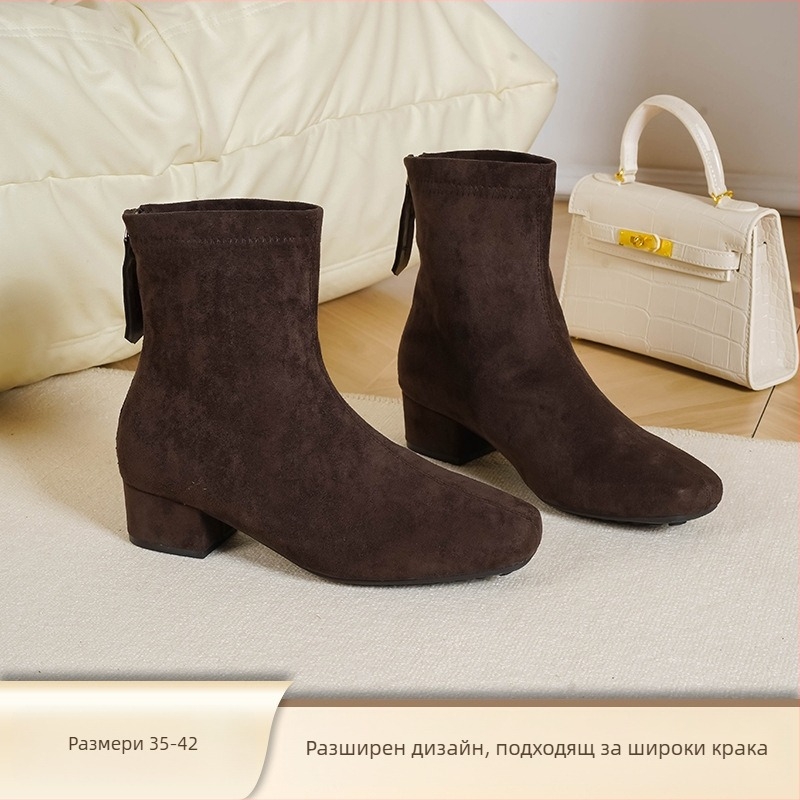 Love Milan Женски ботуши в корейски стил с дебел ток, квадратен връх, 3–5 см височина на тока, заден цип