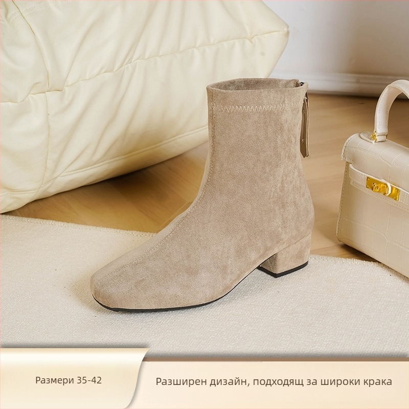 Love Milan Женски ботуши в корейски стил с дебел ток, квадратен връх, 3–5 см височина на тока, заден цип