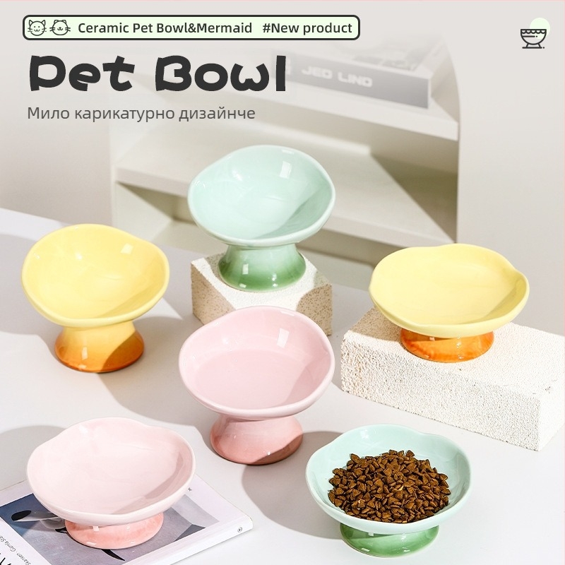 Керамична котешка купа за храна с форма на цветни листа, повдигната основа, против разливане