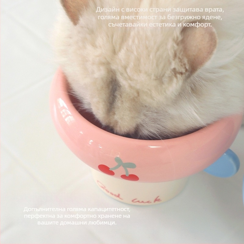 Керамична купичка с кръгла дръжка, корейски стил, висока поставка, котешка купа за храна и вода, под глазура