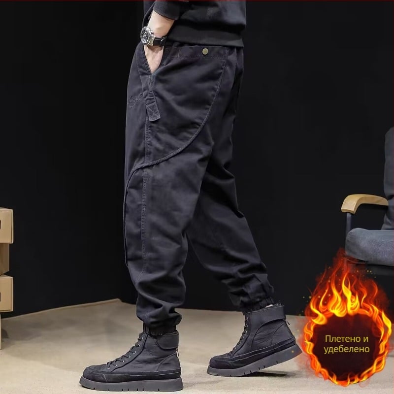 Панталони с подплата от флис и багажни джобове за мъже, джогър стил, свободна кройка, средна талия, памучна смес, с колан, пролет 2025