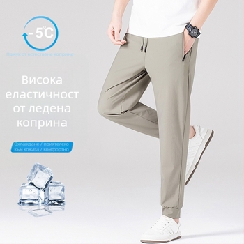 Мъжки ледено-копринени панталони - права кройка, висока талия, за тийнейджъри, дълги панталони в градски стил
