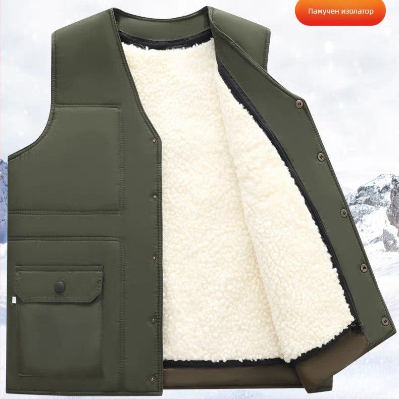 Вълнен жилет с пълнеж от памук - V-образно деколте, райета, подплатен с флис