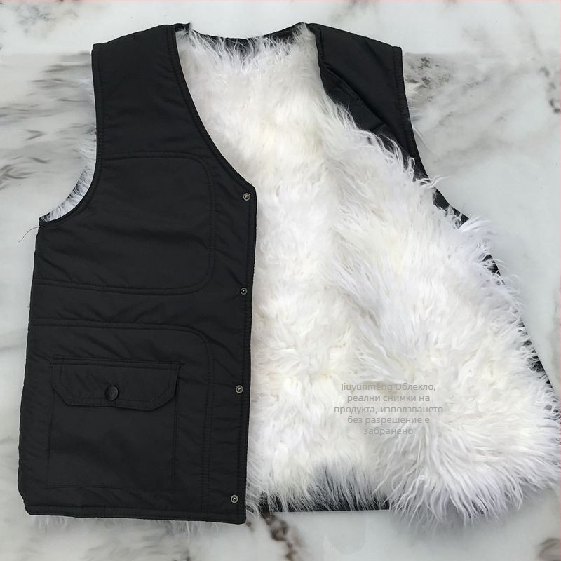 Вълнен жилет с пълнеж от памук - V-образно деколте, райета, подплатен с флис