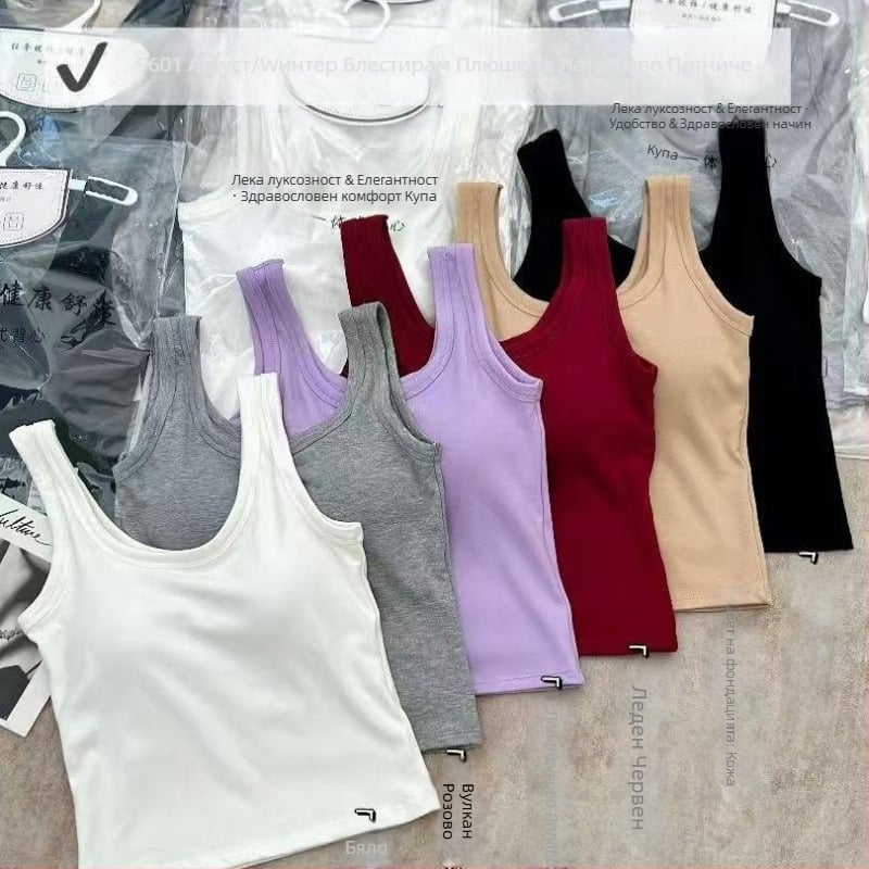 Камизол с презрамки и вградени подплънки за бюст, памук бръснат, 70-80% памук, дебелина 201-250 g/m2, кръгло деколте, Sling стил, есен 2025