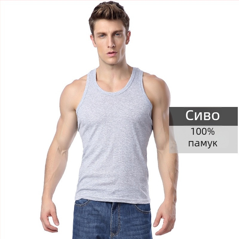 Langsha мъжки памучен потник с кръгло деколте – тясно прилепнал модел, лято, едноцветен
