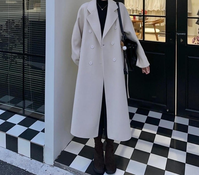 Дамско двустранно вълнено палто, средна дължина, корейски стил, слим фит