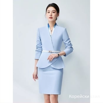 Дамски офис костюм от две части, есен 2024, полиестерна тъкан, 90–95% полиестерни влакна, пола с средна дължина, дълги ръкави
