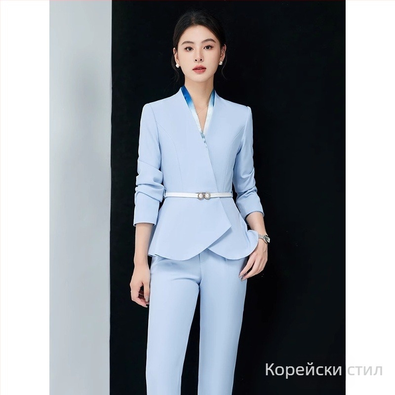 Дамски офис костюм от две части, есен 2024, полиестерна тъкан, 90–95% полиестерни влакна, пола с средна дължина, дълги ръкави