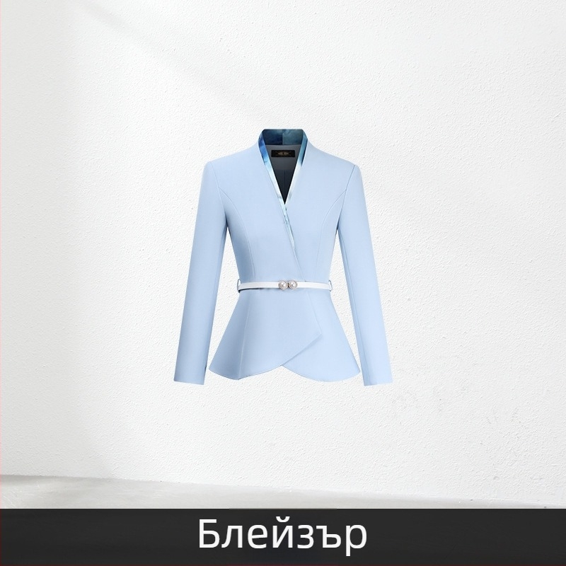 Дамски офис костюм от две части, есен 2024, полиестерна тъкан, 90–95% полиестерни влакна, пола с средна дължина, дълги ръкави