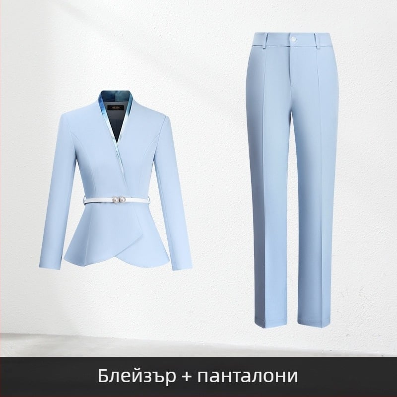 Дамски офис костюм от две части, есен 2024, полиестерна тъкан, 90–95% полиестерни влакна, пола с средна дължина, дълги ръкави
