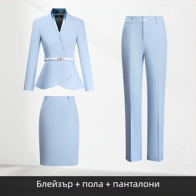 Дамски офис костюм от две части, есен 2024, полиестерна тъкан, 90–95% полиестерни влакна, пола с средна дължина, дълги ръкави