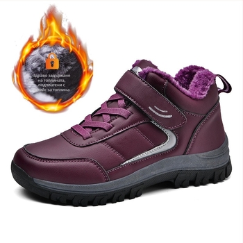 Зимни обувки за възрастни жени от естествена кожа, водоустойчиви, с плюшена подплата и велкро закопчаване, гумена подметка, модел на райета