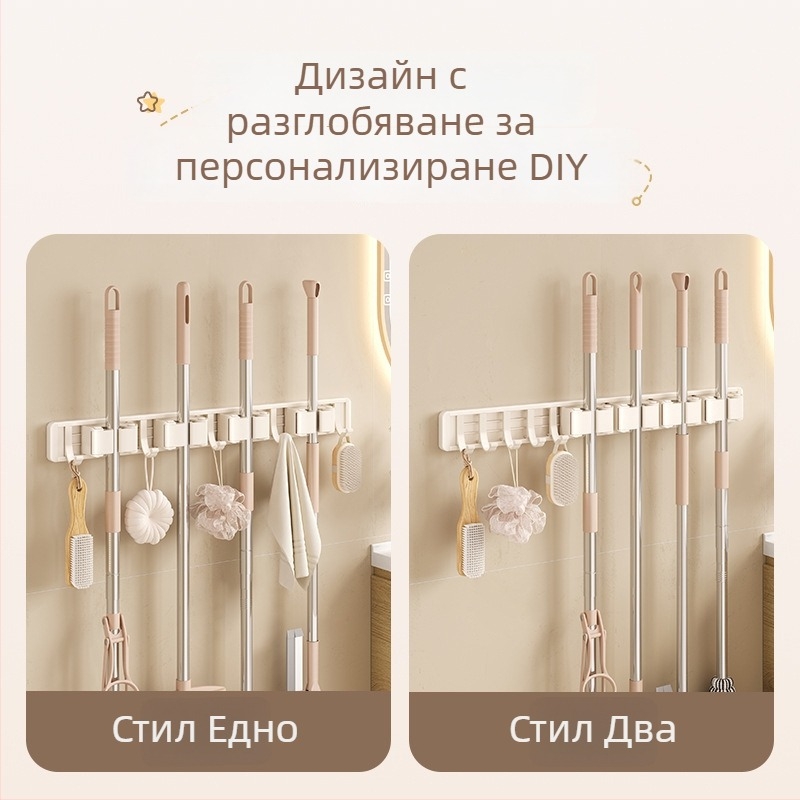 Стенен държач за моп и метла Crown Toon, материал: space алуминий и пластмаса; без пробиване; съхранение на дръжки; покритие: спрей-пластмаса; тегло 0,3 кг