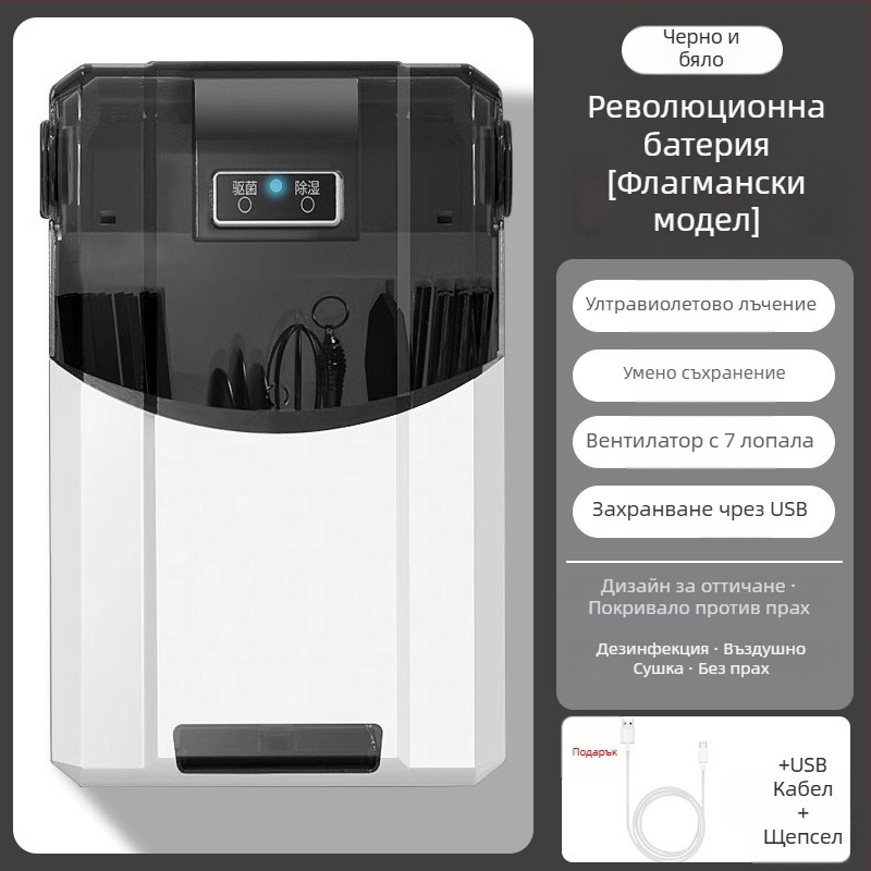 Стенно монтиран държач за клечки за дезинфекция и сушене – прахозащитен корпус, PP материал (Материал: PP; Монтаж: стенен; Функции: дезинфекция и сушене; Прахозащита)