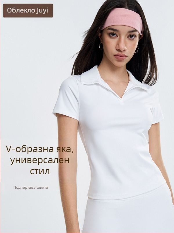 Дамски спортен комплект: поло топ с яка и тенис пола за йога, къс ръкав, бързосъхнещ, влагоотводящ, нейлон + спандекс, 80/20, пуловер стил