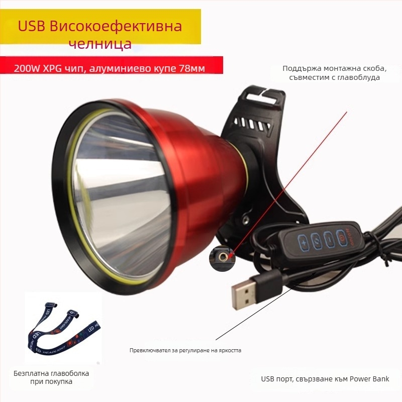 LED челна лампа, USB презареждаема, 5V, монтирана на глава, далекобойност ≥500 м, време на осветяване 8 ч, подходяща за нощен риболов и къмпинг